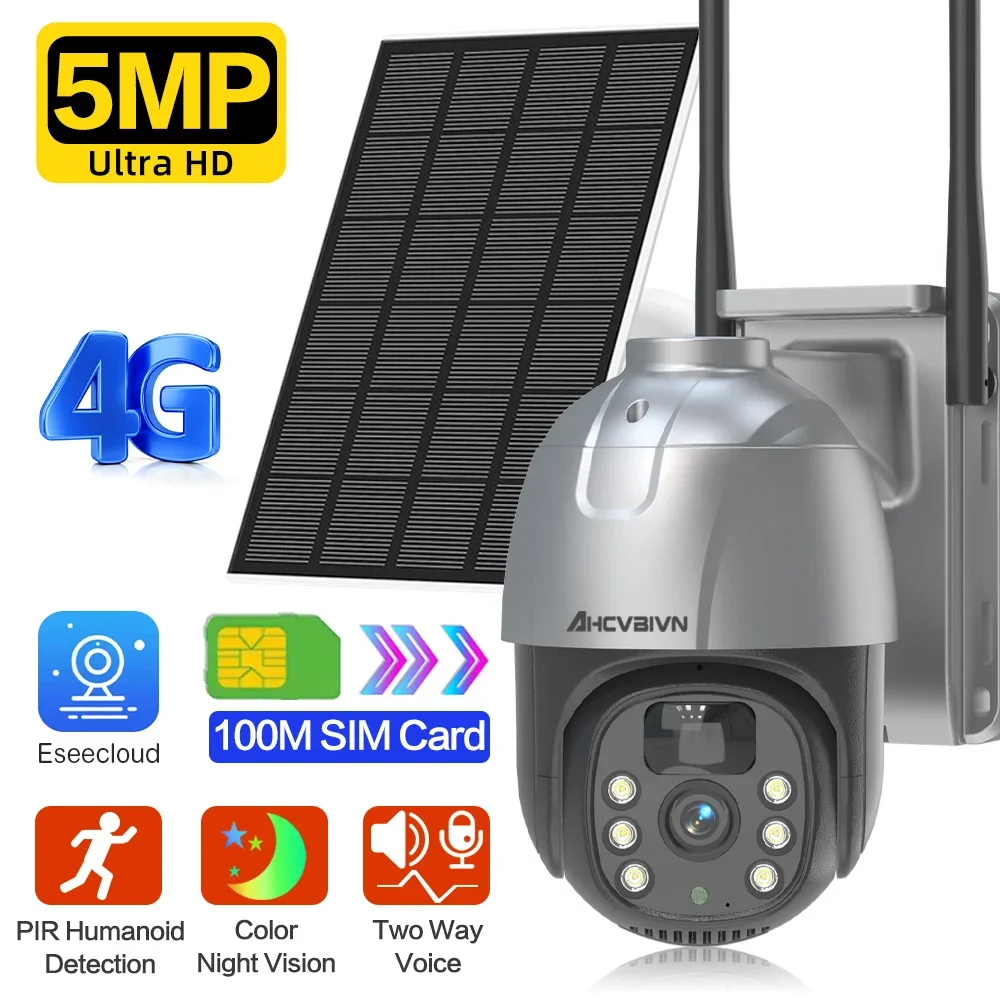 

5MP Outdoor Home Security Solar Camera WiFi Pan Tilt 360° View Spotlight Battery Powered System Motion Detection 4G IP Cameras