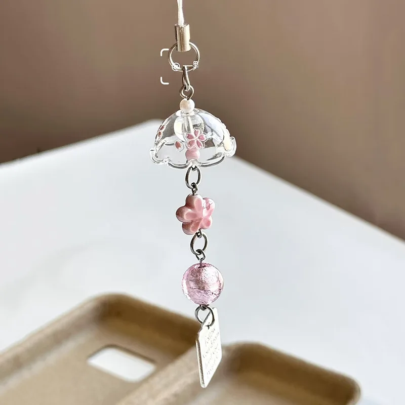 Pink Sakura Windbell Keychain for Women Bag Camera Charms Mobile Phone Lanyard Kawaii DIY Accessories Couple Birthday Gift