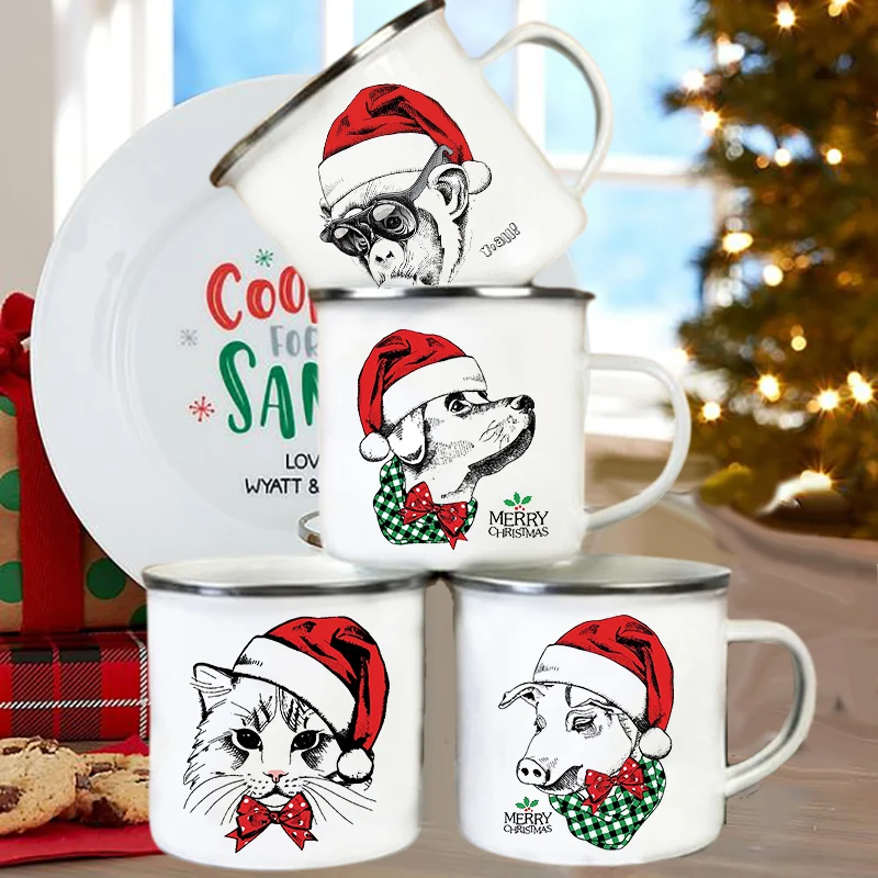 

Santa Hat Animal Dog Cat Print Creative Coffee Cup Christmas Party Drink Wine Beer Juice Milk Cups Handle Enamel Mugs Xmas Gifts