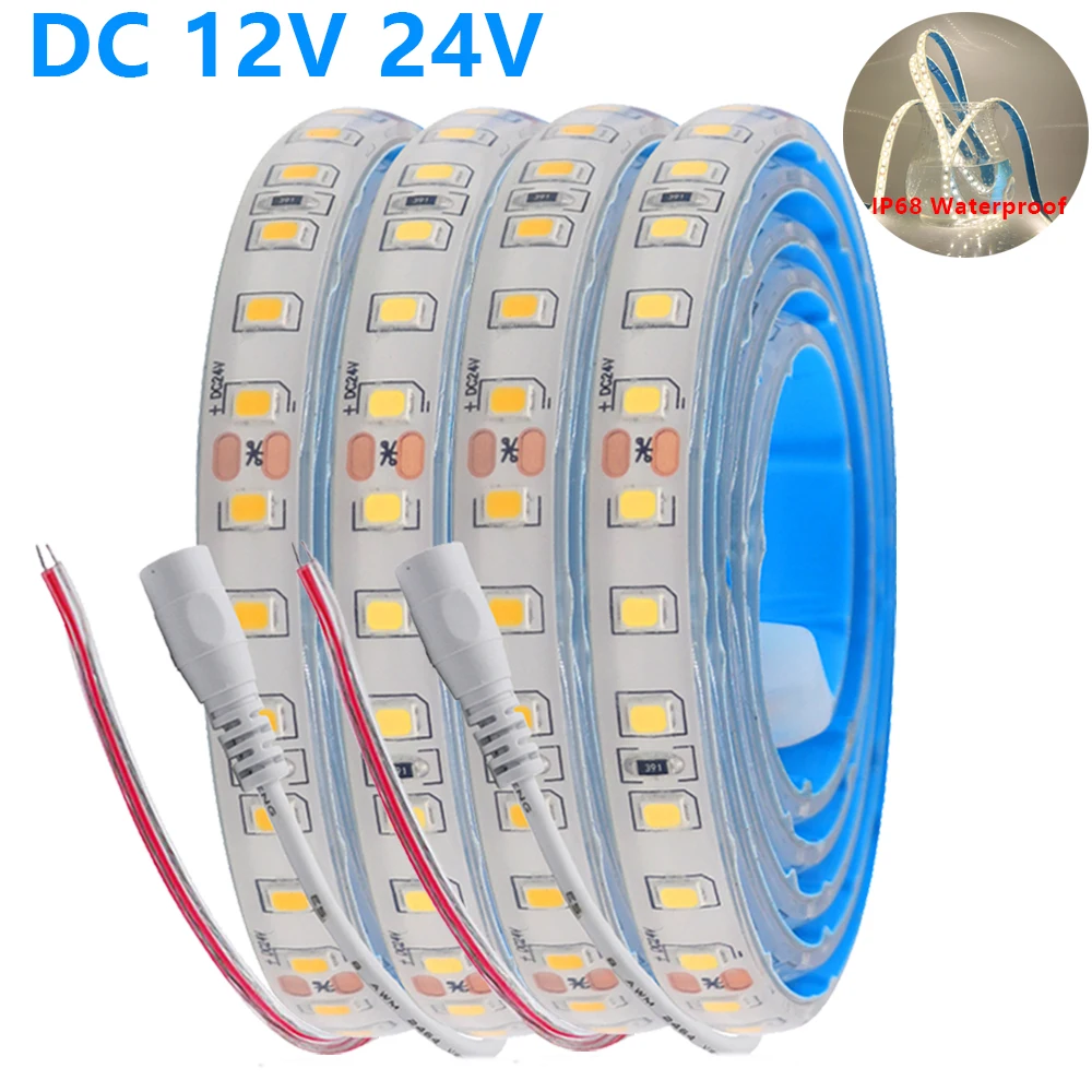 12V 24V IP68 Waterproof LED Strip 2835 120LEDs/m Silicone Gel Flexible LED Tape Outdoor Lighting for Sauna Swimming Pool 0.5-20M