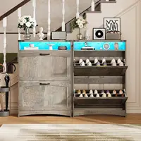 Rustic Gray Shoe Storage Cabinet, Slim Hidden Shoe Rack Organizer Cabinet, with 2 Flip Drawers & Open Storage & RGB Ligh 4