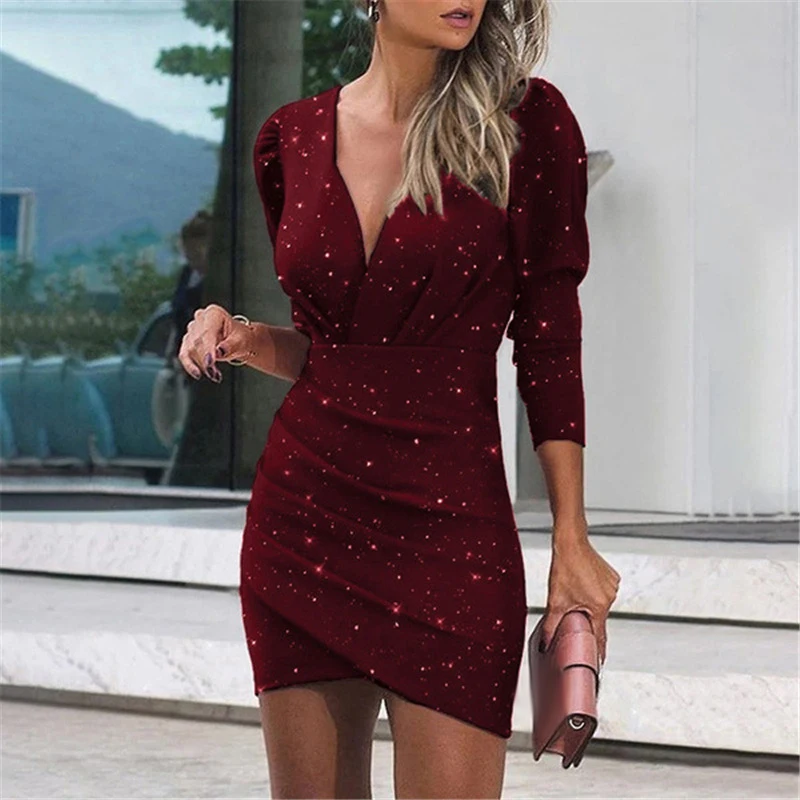 

Sexy Dots Shiny Silk Women Evening Dress Spring Deep V-neck Slim Bodycon Hips Dress Autumn Long Sleeve Draped Office Lady Dress