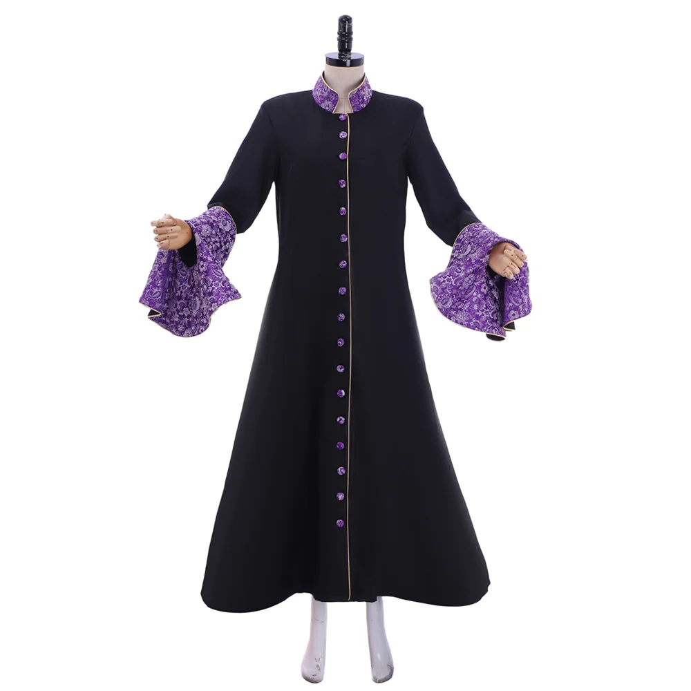 

Women's Purple Trumpet Sleeve Clergy Robe Medieval Roman Priest Black Cloak Halloween Cosplay Altar Cassock Custom Made