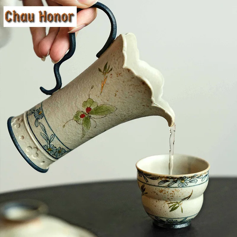 140ml Blue And White Flint Red Tea Pitcher Handmade Gold Drawing Butterfly Orchid Cha Hai Justice Cup Tea Ceremony Accessories
