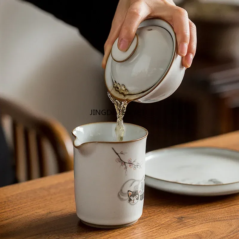 Chinese Handmade Ru Kiln Tea Cup with Cute Cat Pattern Ceramic Lid Bowl Travel Tea Set