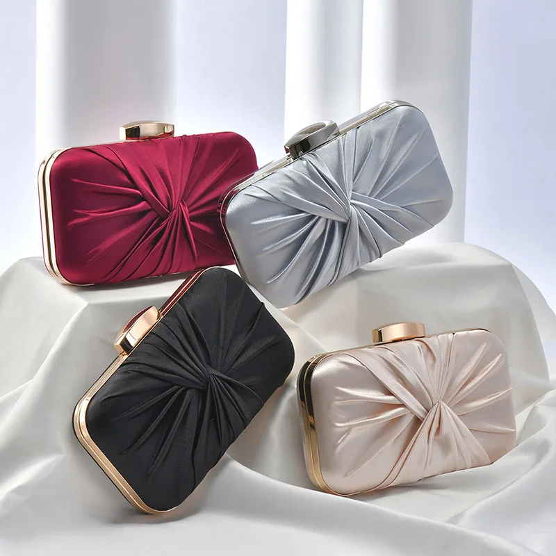 

Fengting Women's pleated satin Clutches small Evening Bag Lady Wedding Party Purses Fashion wine Red chain Shoulder Handbag B612