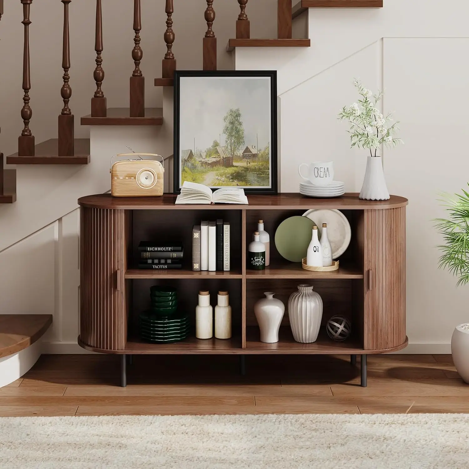 Buffet Sideboard Cabinet with Storage, 55" Fluted Cabinet with Sliding Door & Adjustable Shelf, Modern Accent Coffee Bar Console