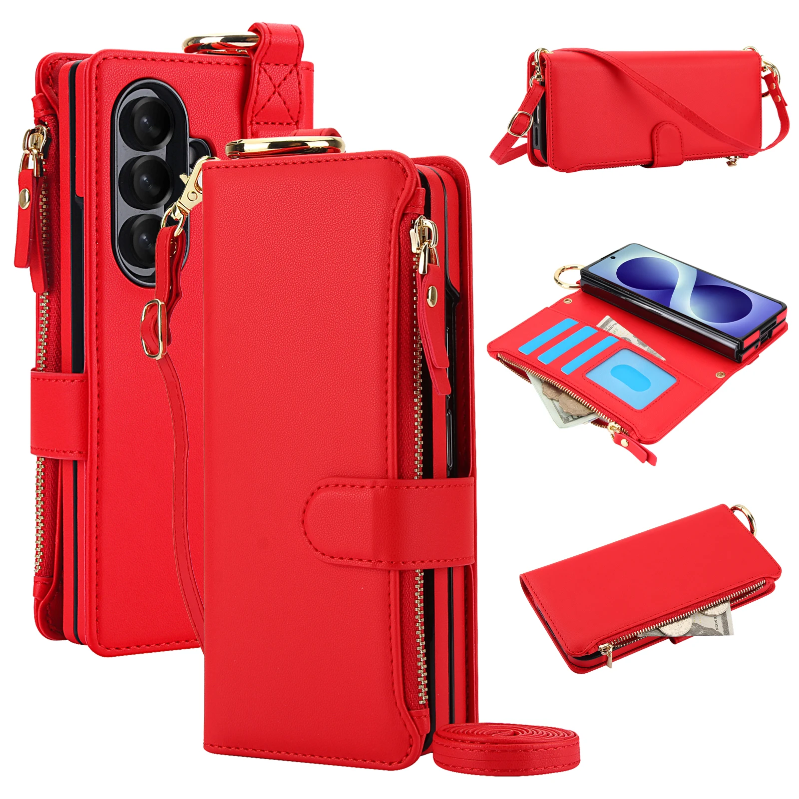 Elegant Multi-Functional Leather Crossbody Wallet Case with RFID Protection and Zippered Storage