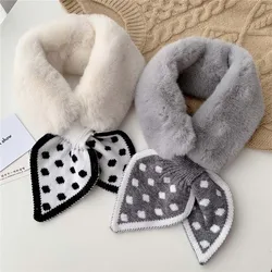 Female Faux Rabbit Fur Neck Collar Sweet Small Fresh Love Heart Dot Printed Knitted Scarf Autumn Winter Warm Plush Scarf