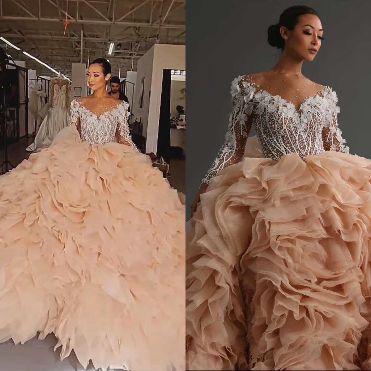 

Lovely Ball Gown Wedding Dresses 3D Appliques Pearls Sleeves Layered Sweep Train Bridal Gown Backless Customized Robe De Mariée