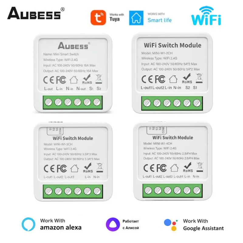 

AUBESS Tuya Wifi 16A Mini Smart Light Switch 1/2/3/4 Gang Support 2-way Control With Smart Life Alexa Google Home Yandex Alice