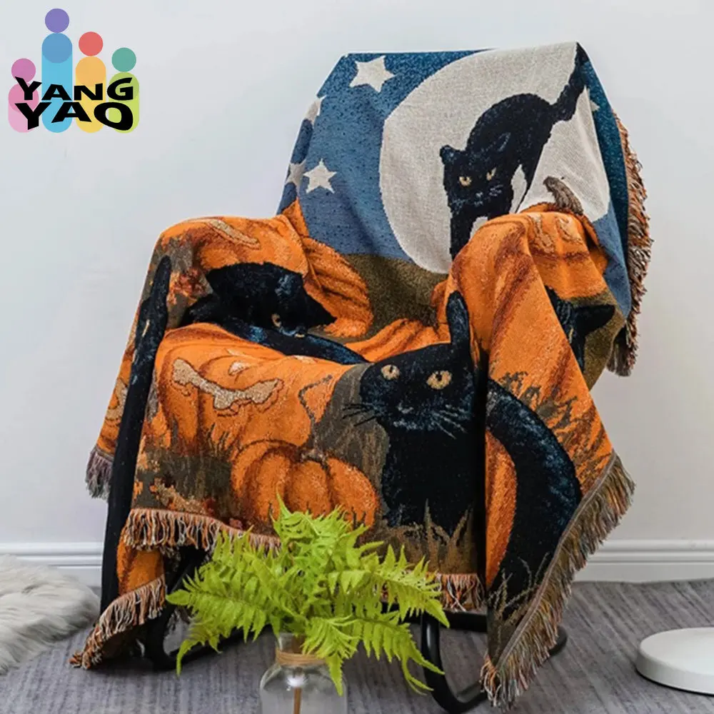 

Halloween Black Cat Knitted Blanket For Beds Sofa Towel Full Cover Sofa Blankets Autumn Winter Picnic Mat Throw Tapestry Tassel