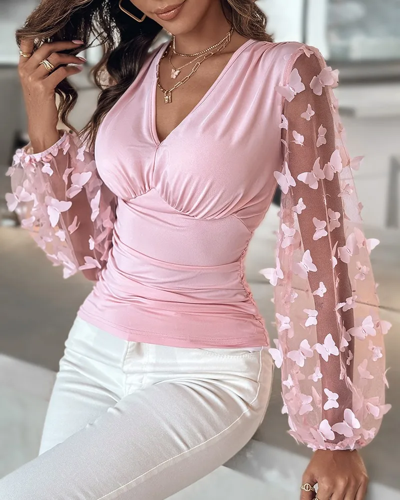 Autumn-Tops-Women-Blouse-Elegant-Butterfly-Jacquard-Sheer-Mesh