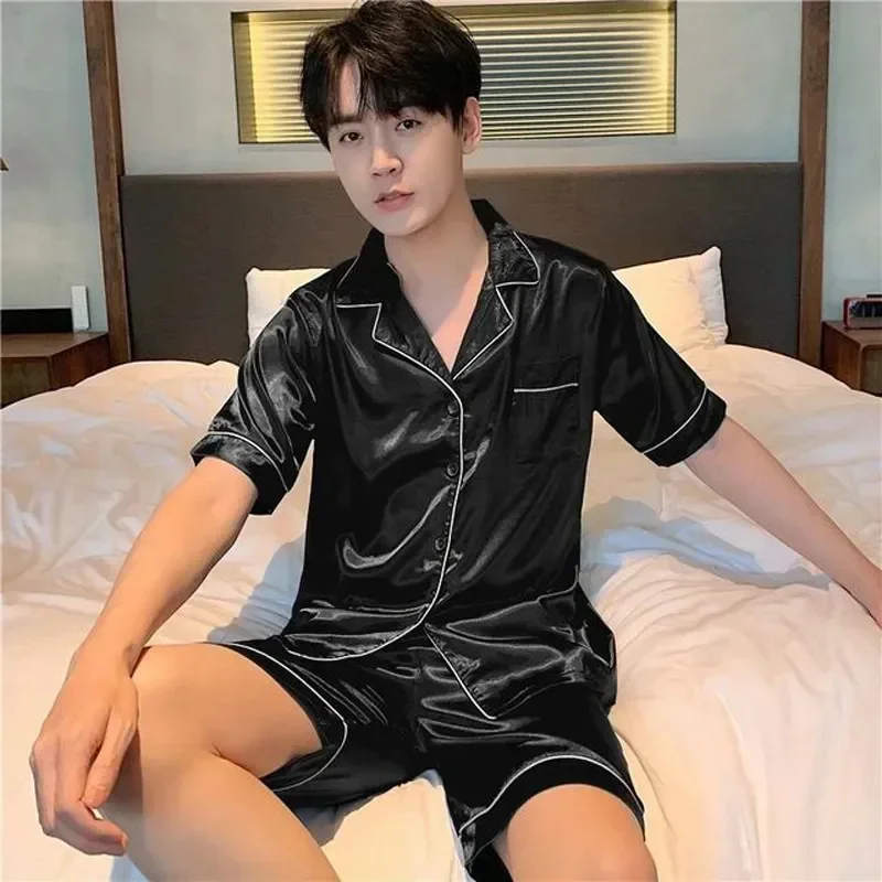 

Sleepwear Tops Shorts Silk Male Button Elastic Wears Home Waistband Lounge Night Short Sleeve Sets Pajama Satin Summer Men Suit