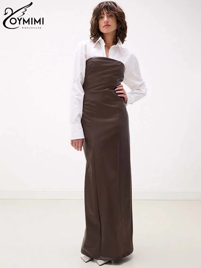 Oymimi Elegant White Brown Two Piece Set For Women Fashion Long Sleeve Button Blouses + Pu Leather Strapless Straight Dress Sets