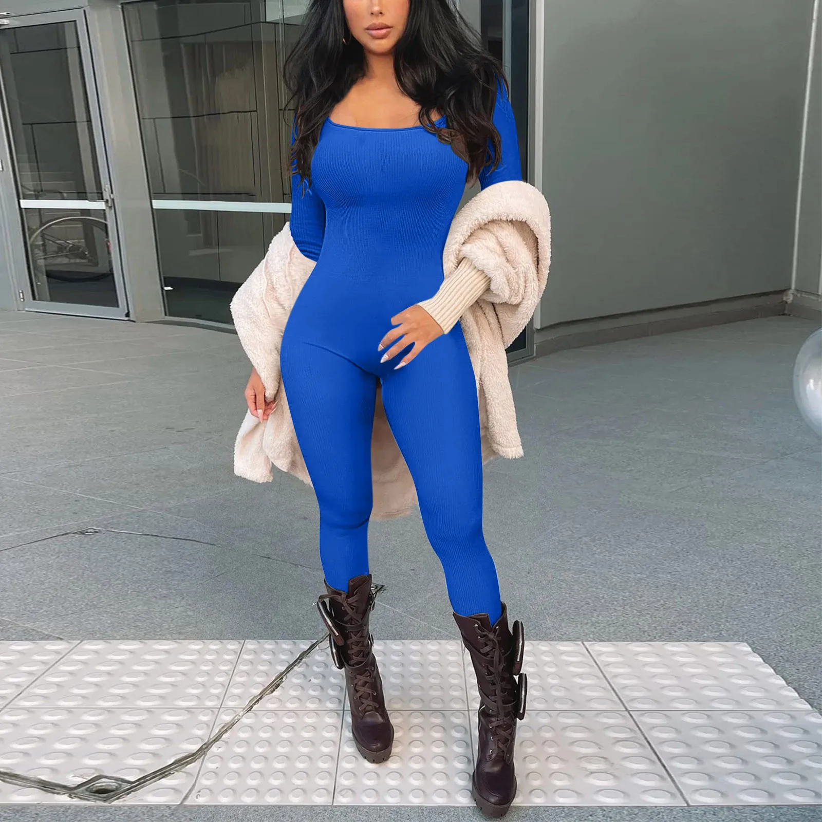 Women Ribbed Jumpsuits Elastic Seamless Solid Color Onesies Square Collar Long Sleeve Overalls Slim Sports Outwork Long Romper