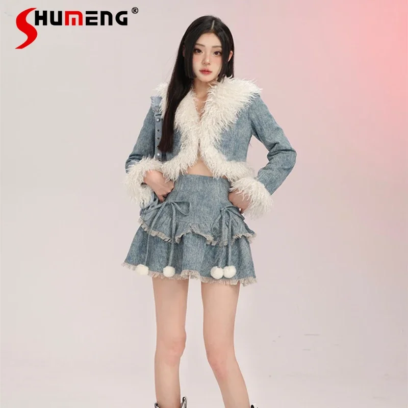 

New Streetwear Retro Autumn And Winter Denim Stitching Burr Short Coat Female Mini Skirt Suit Two Pieces Sets Chaquetas De Mujer