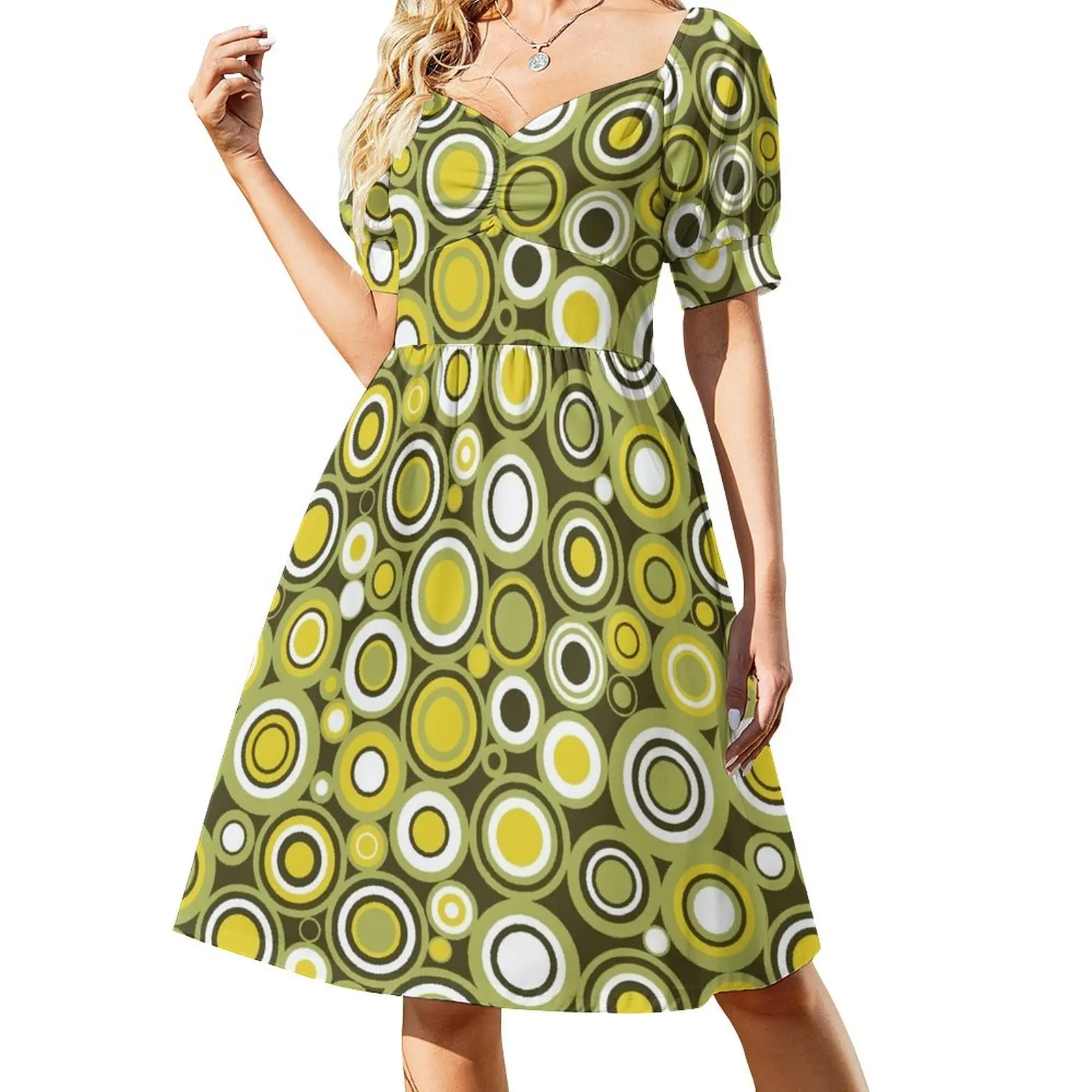 

Green, Yellow and White Circle Retro Pattern Dress women dress Bridesmaid dress woman