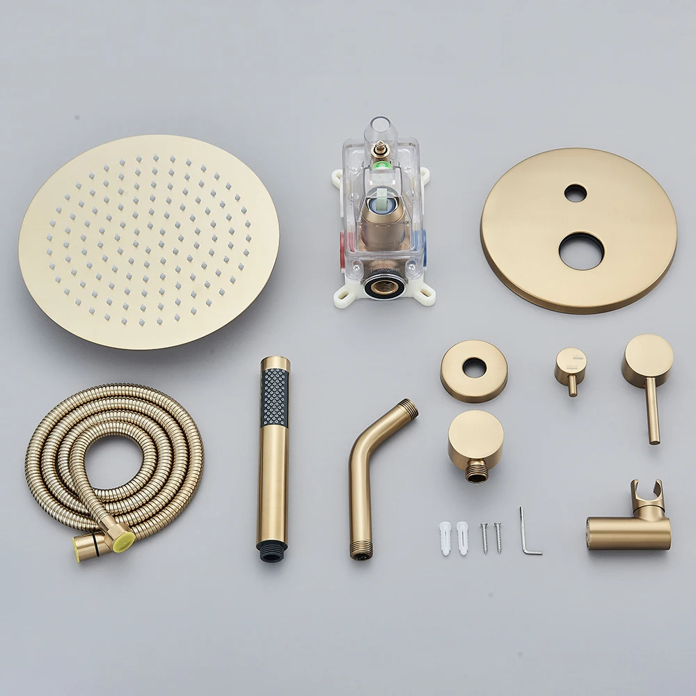 Brushed Gold Concealed Shower Faucet Rainfall Shower Tap Mixers 8" Stainless Steel Head Brass Embedded Mixers