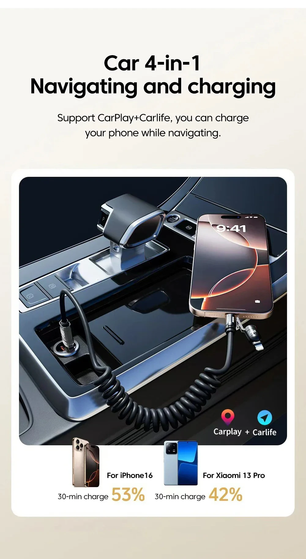 Car Spring Data Cable Type C 4-in-1 240W for IPhone Huawei Samsung IPad Mobile Phone USB Fast Charging Cord Suitable for Carplay