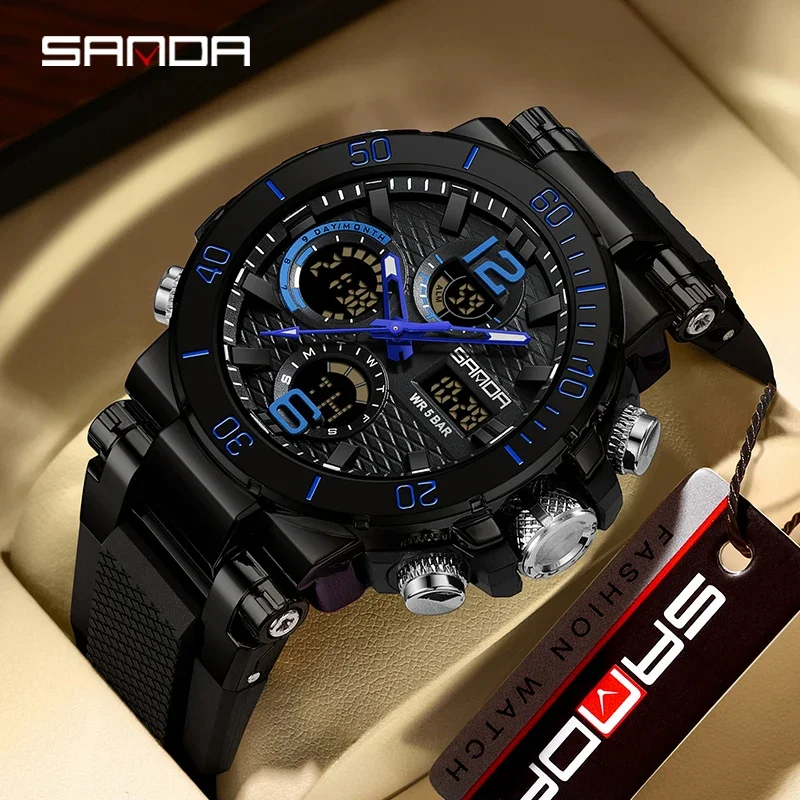 Sanda 2023 New Dual Screen Men's Digital Watch Nightlight Waterproof Multifunctional Popular Men's Alarm Clock Wristwatch 6167 цена и фото