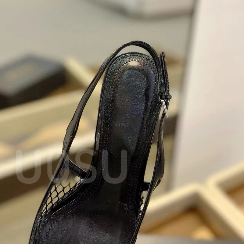 Summer Women's High Heels Luxury Shiny Patent Leather Designer Fishing Net Heel Shoes Banquet Party Pointed Toe Dress Shoes