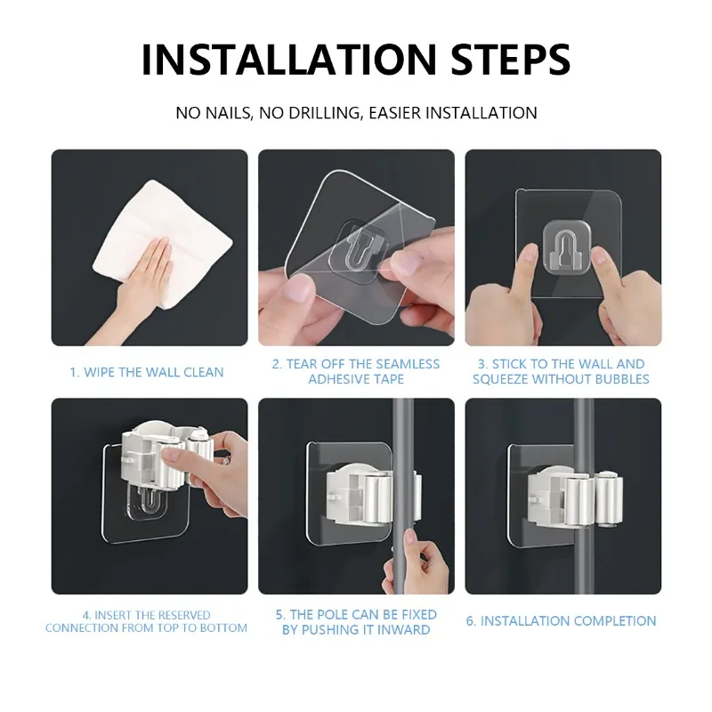 1PC/4PCS Self-adhesive Wall Mounted Mop Organizer Holder Wall-Mounted Waterproof Storage Rack Broom Hanger Hooks Household Tools