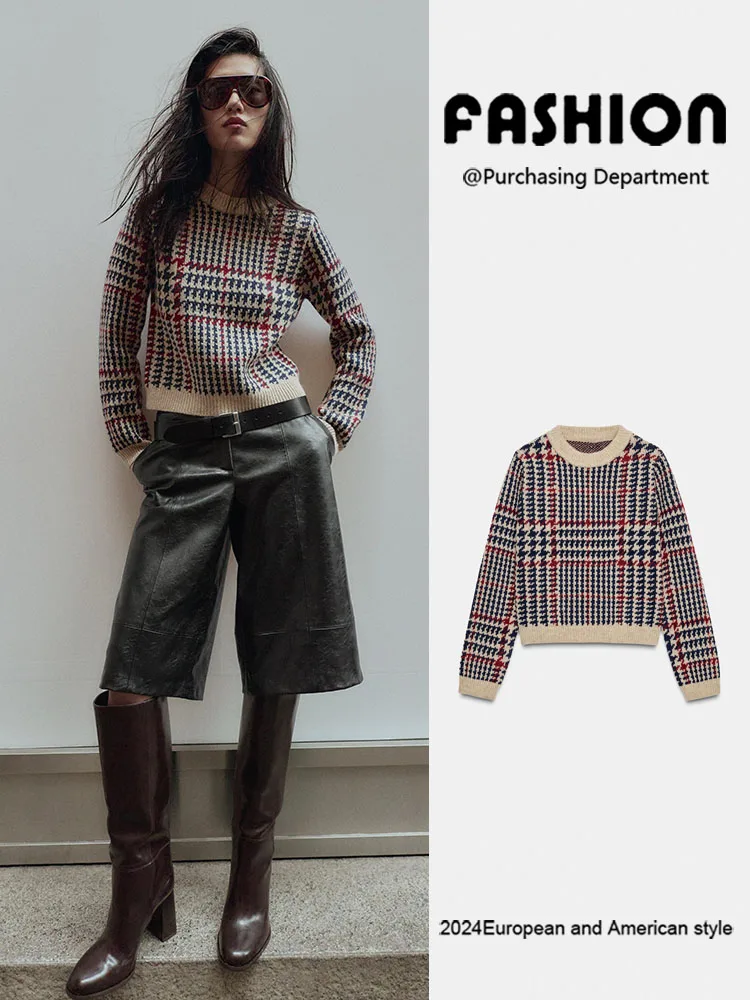 Faionable Knitted Sweater with Plaid Design Long Sve round Ne New Arrival for Women Autumn Winter ort Sle