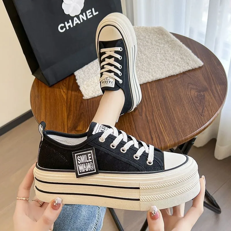 2024 New Women's Black Platform Canvas Sneakers Lace-up Comfortable Shoes Fashion Outdoor Multi-functional Sports Canvas Shoes 2