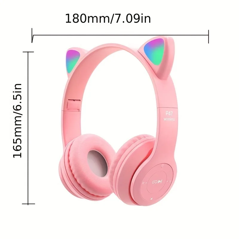 P47M Cute Cat LED Light Ear Headphones Gaming Bluetooth-Compatible