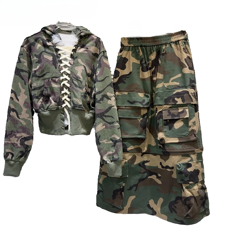 

2024 Spring Camouflage Cloth for Women New Cross Strap Camouflage Sweatshirt Hooded Hoodies Tooling Skirt Cool Outfits