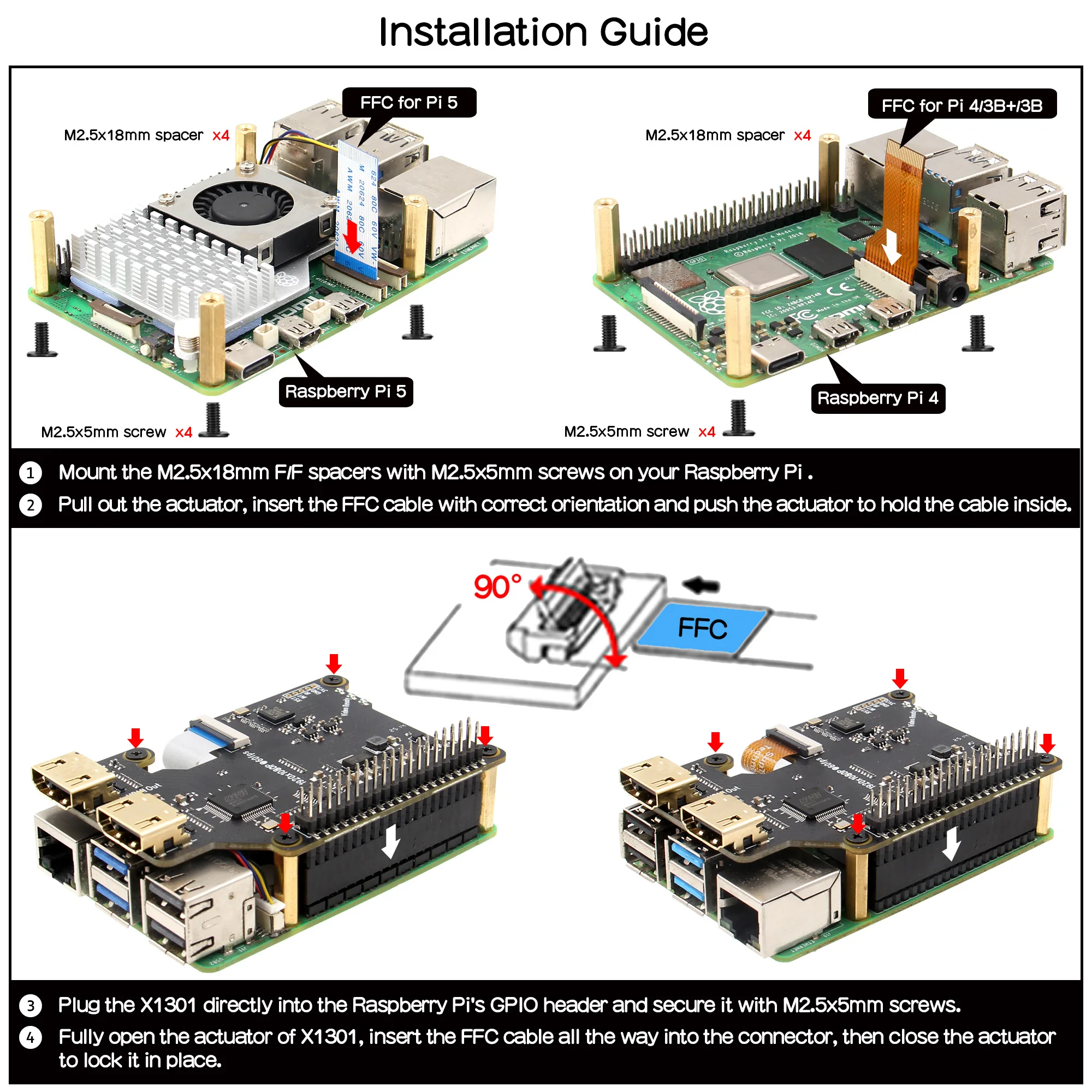 Geekbord X1301 Hdmi to CSI-2 어댑터는 Raspberry Pi 5 / Raspberry Pi 4 / 3B+ / 3B용 최대 1080P 60fps 지원