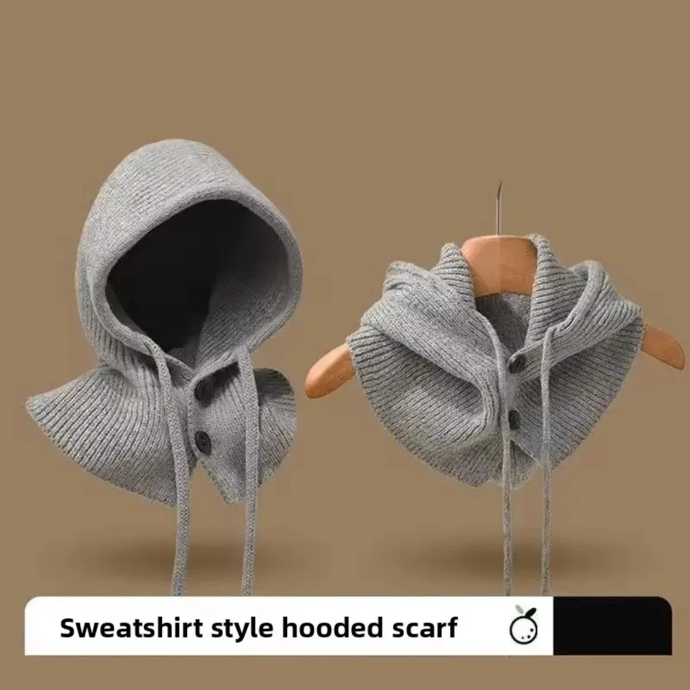 New Warm Knitted Scarf And Cap Set Windproof Thermal Integrated Scarf Drawstring Cap Winter