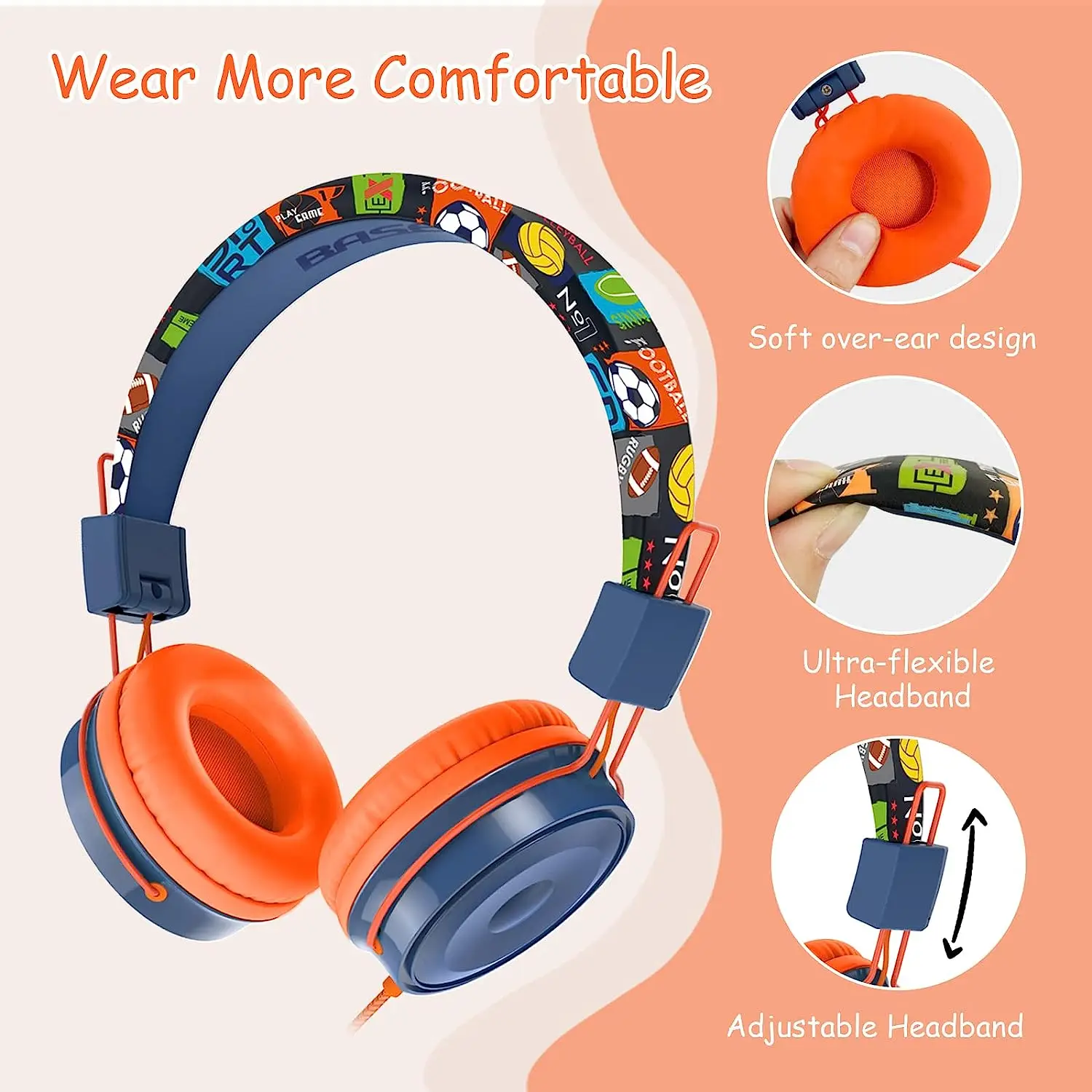 

OKCSC Kids Headphones Foldable Adjustable Children Headphone Stereo Wired Headset With Mic Safe Volume Limited On-Ear Headset
