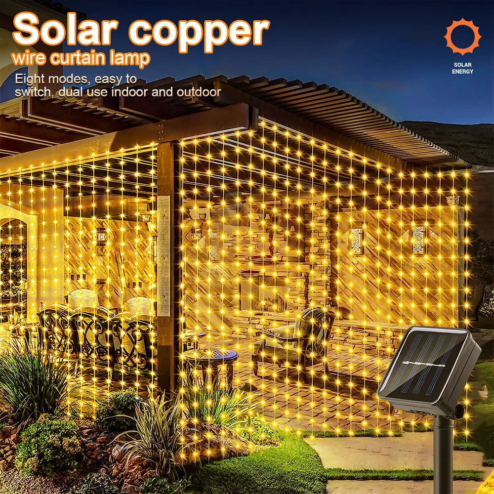 Decorative Lights Outdoor Solar Curtain 300LED Waterproof String Lights Garden Yard Pavilion Fairy Garland Holiday