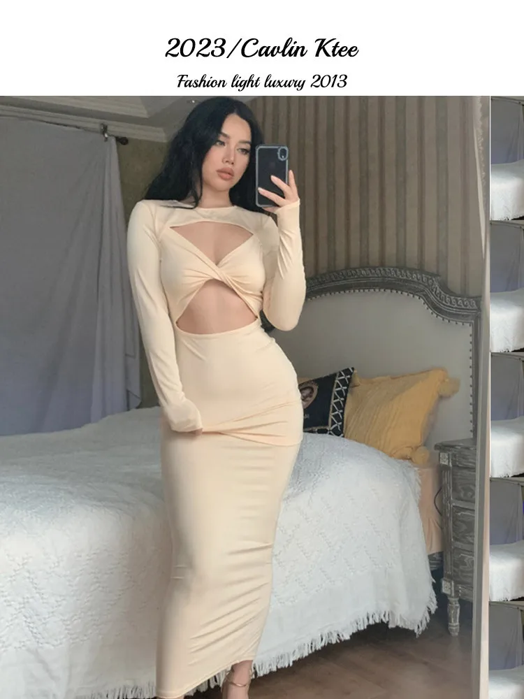 

Cavlin Ktee Europe and the United States New Summer Solid Color Hollow Sexy Slim Long Sleeve Dress Women