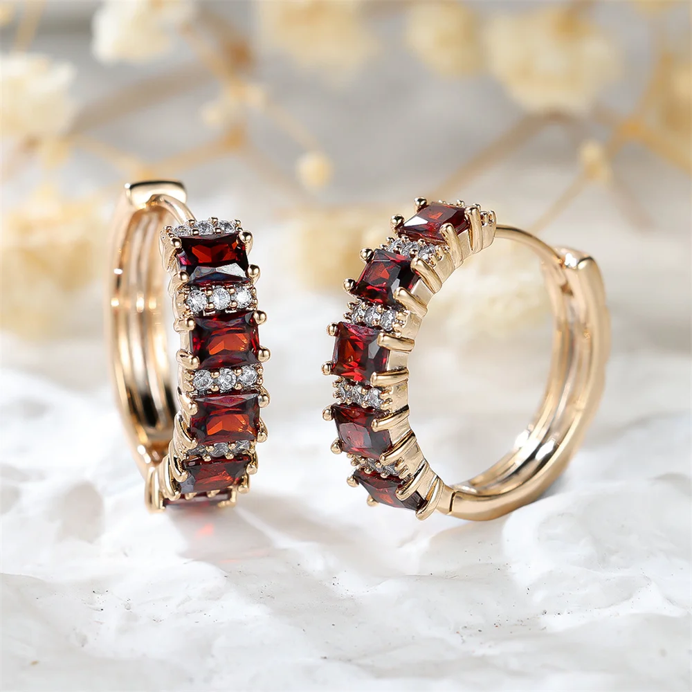Red Crystal Square Stone Small Hoop Earrings For Women Vintage Gold Color Birthstone Ear Buckle Wedding Jewelry Versatile Gifts