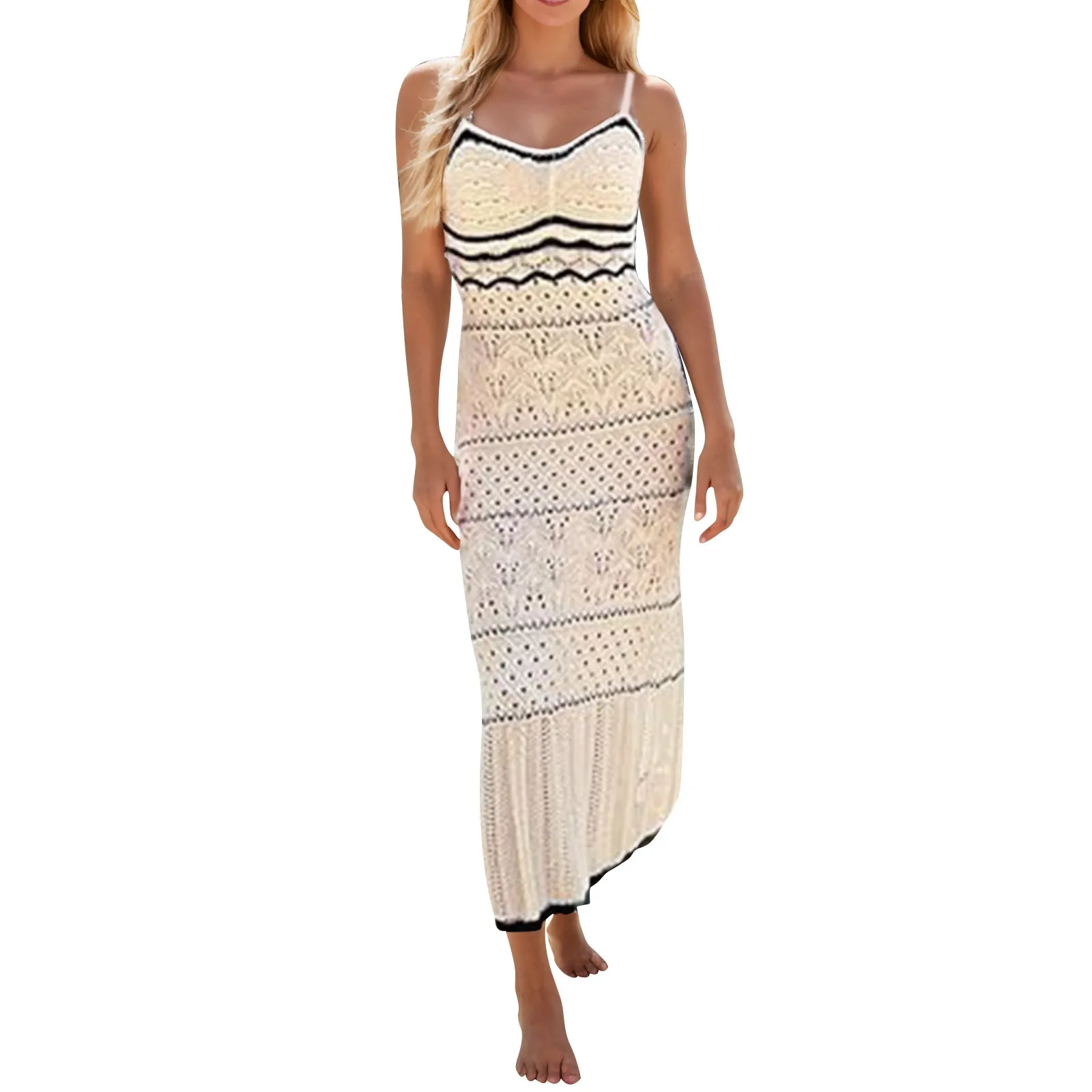 

Women's Spaghetti Strap Dress Crochet Eyelet Sleeveless Striped Midi Dress Summer Casual Chic Cocktail Evening Formal Dress