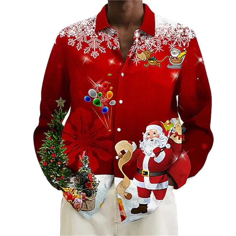 

New Men's Christmas Print Long Sleeve Shirt Casual Outdoor Holiday Party Men's Clothing Top Plus Size Christmas New Year Gift