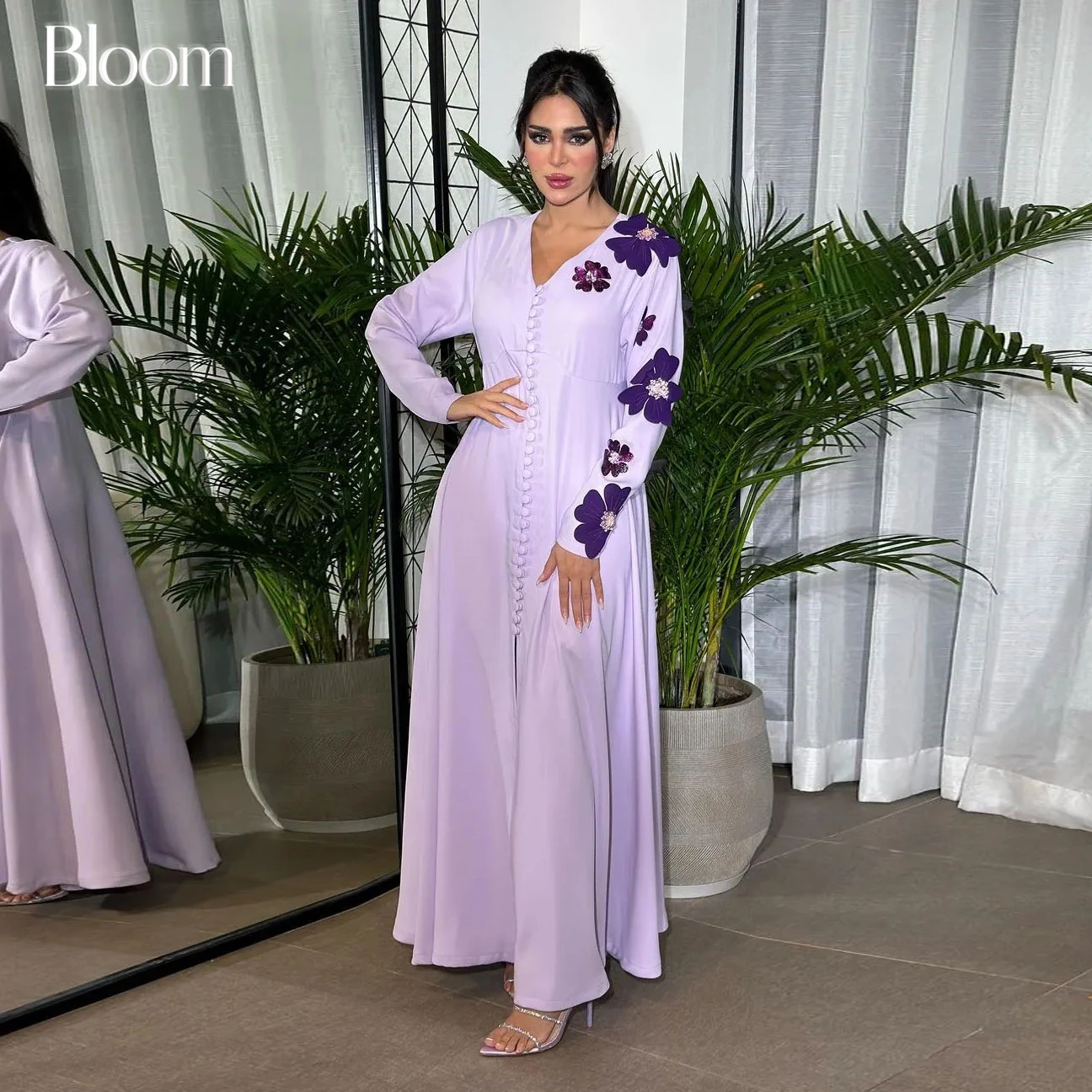 

Bloom Lilac V-neck Buttons Prom Dresses Front Split Long Sleeves Beads Flower Evening Dresses Wedding Party Gown Free Shipping