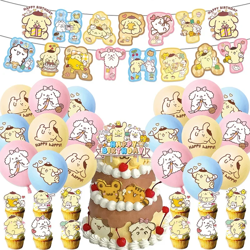 Pompom Purin Theme Inflatable Balloon Set Sanrio Birthday Party Decoration Pompom Purin Birthday Cake Flag Sanrio Inflatable Set