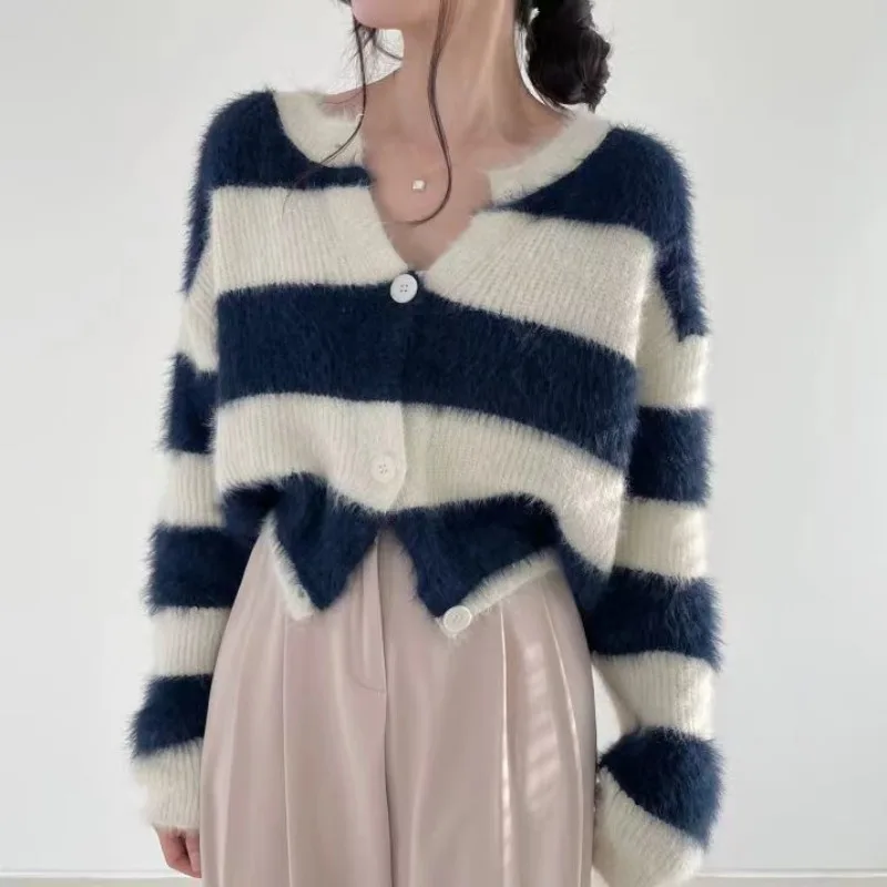 

Повседневный винтажный полосатый свитер, Женский однобортный Кардиган с круглым вырезом на осень и зиму, модный шикарный укороченный топ, 2022