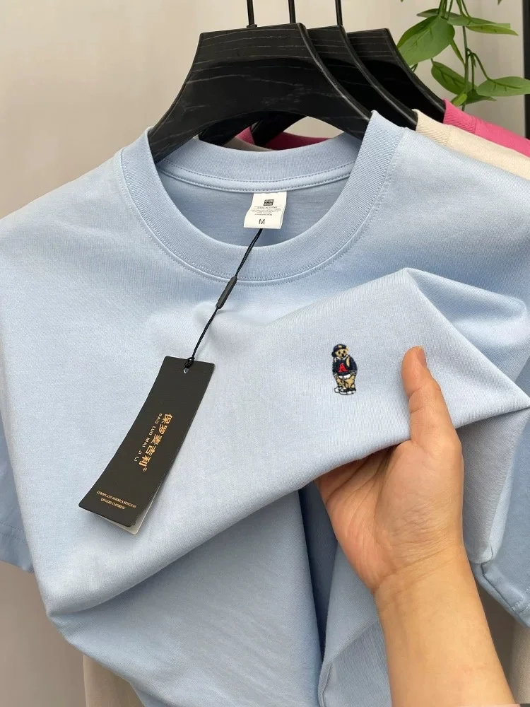 High-End-T-Shirt für Herren aus 100 % Baumwolle mit kurzen Ärmeln Luxusmarke Cartoon-Bär-Stickerei koreanischer Stil Jugend lässig Rundhalsausschnitt neues Oberteil – Detail 9
