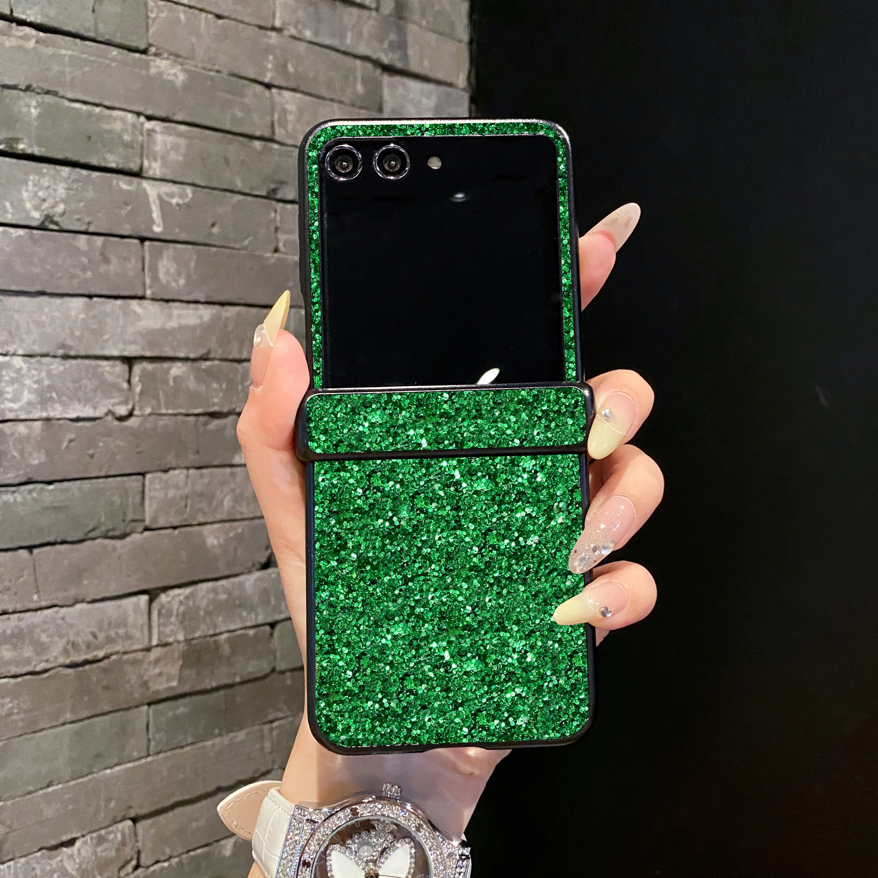 Sparkling Rhinestones Glitter Leather Phone Case with Shiny Hard PC Cover