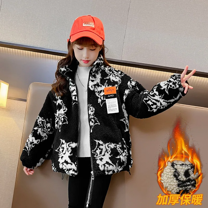 

Autumn Winter New Wool Sweater for Girls Thick Warm Jacket Teenager Clothing Korean Ink Painting Print Fashion Tops 8 10 12 14 Y