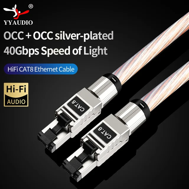 HiFi ทองแดงเงิน Braided Cat8 สาย Ethernet ความเร็วสูง 40Gbps 2000MHz RJ45 เครือข่าย Patch สายสัญญาณเสียงสําหรับ HiFi Audio Router 1