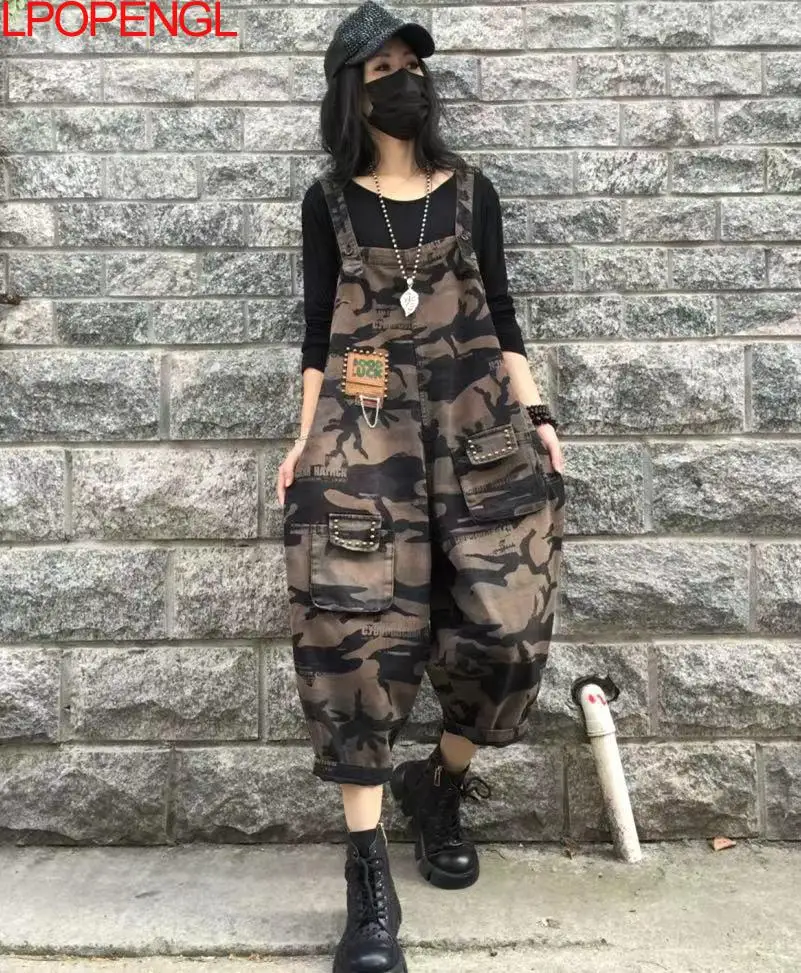 Fashion Retro Camouflage Denim Sleeveless Overalls Women's 2024 Spring Loose Casual Suspender Jumpsuit Streetwear Harem Pants
