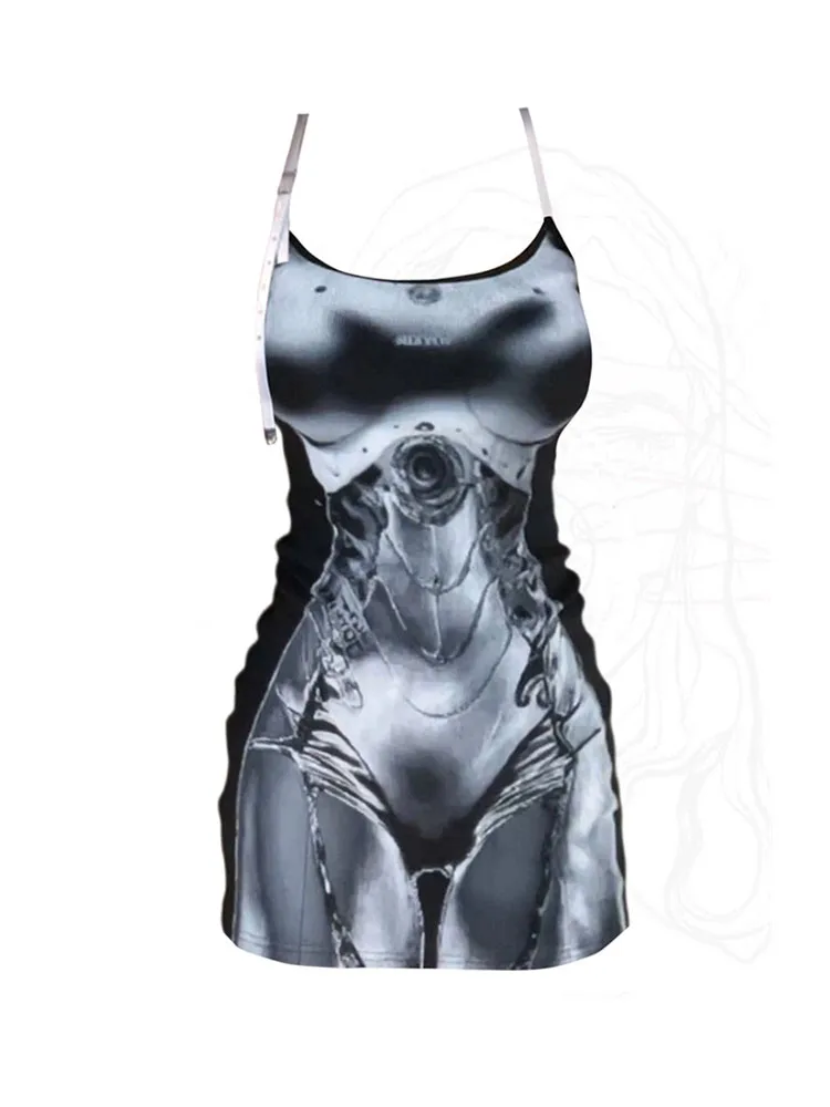 

American Style Fashion Sexy Print Corset Dress Women Coquette Gyaru One-Piece Frocks Summer Sleeveless Hot Spaghetti Strap Dress