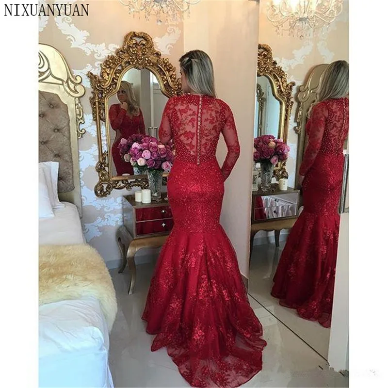Red Prom Dresses Mermaid V-neck Long Sleeves Pearls Lace Sexy Party Maxys Long Prom Gown Evening Dresses Robe De Soiree
