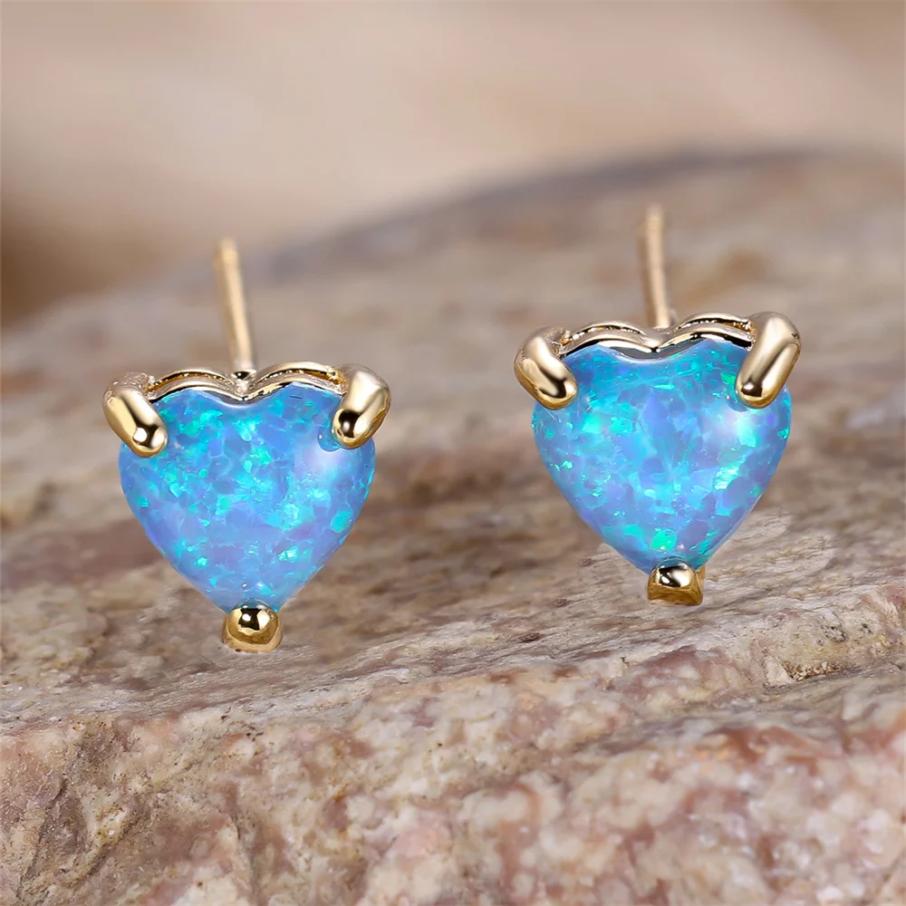 Charm Heart Stone Blue White Green Fire Opal Stud Earrings For Women Trendy Silver Color Birthstone Wedding Jewelry Bridal Gifts